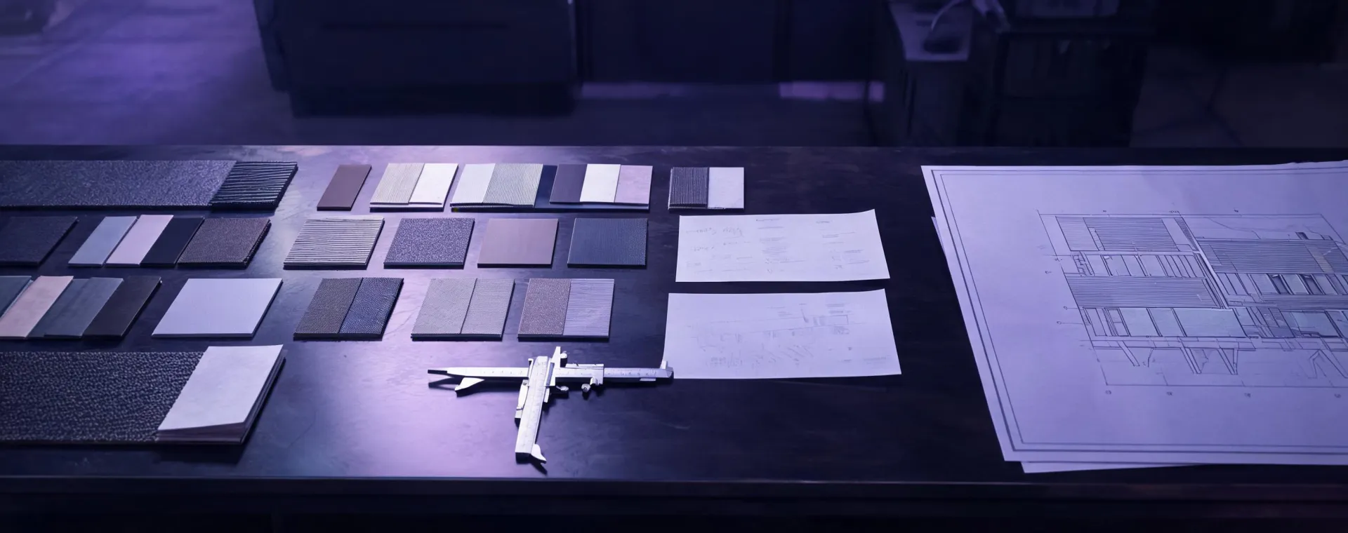 Composite membrane reference sheets beside material samples