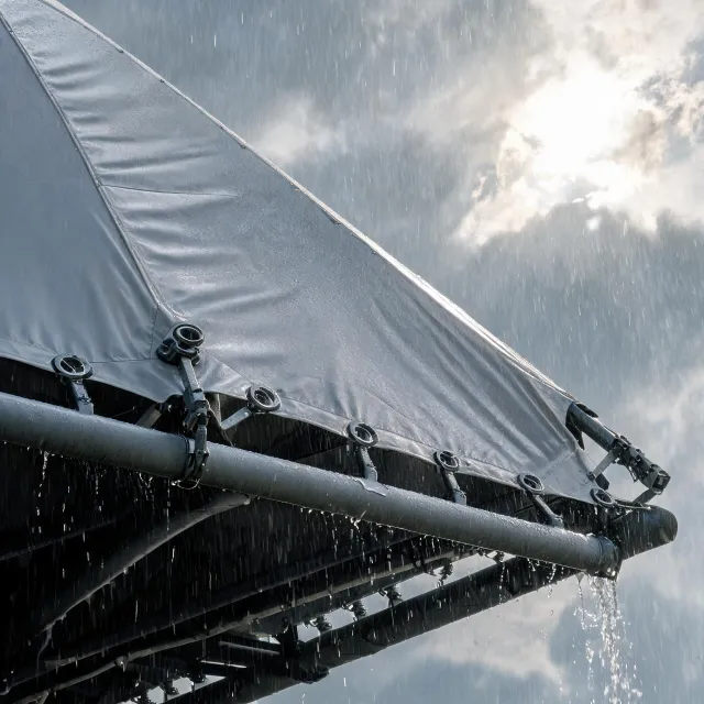 Membrane facade exposed to sun rain and wind conditions